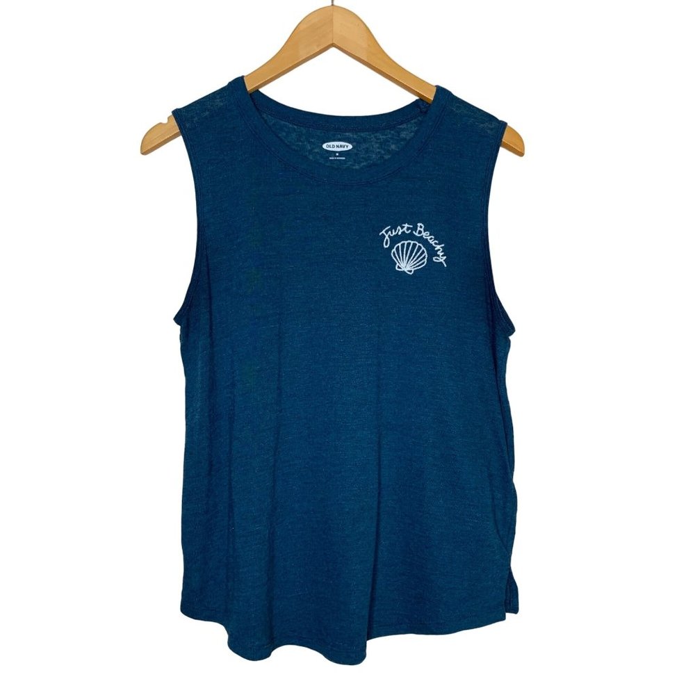 Old Navy Tank Top Just Beachy Shell Embroidered Linen Blend Teal Blue Shirt  M